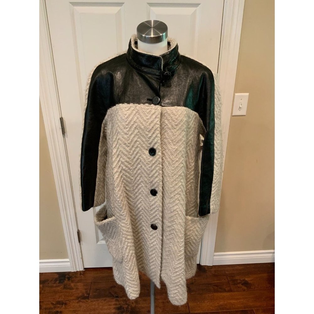 Rebecca Minkoff Gray Knit Wool Long Coat w/ Leather Panels, Size Large
